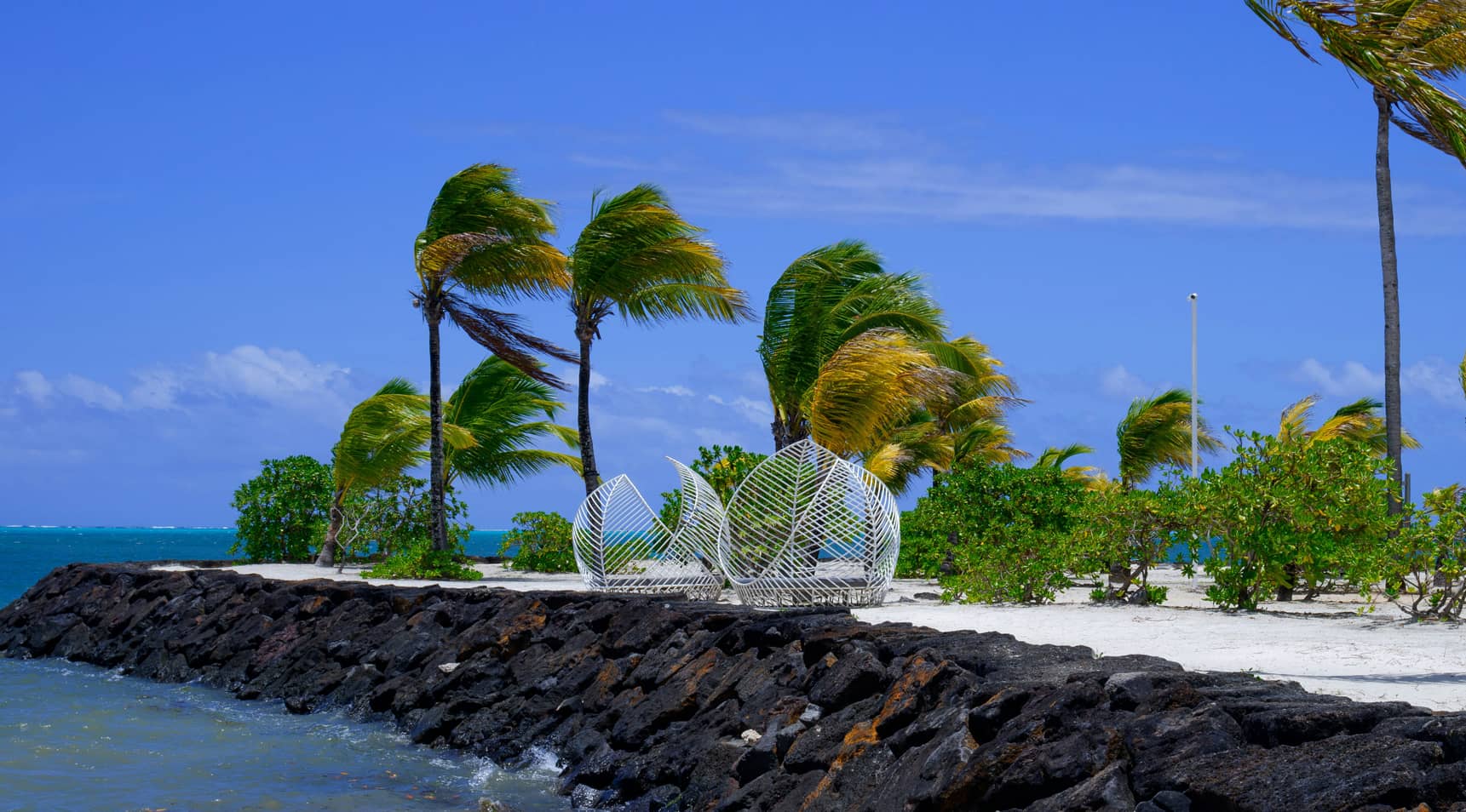 Plage tropicale avec palmiers ployant sous le vent et fauteuils de plage, image de sérénité malgré les aléas symbolisant la protection offerte par les garanties de prévoyance du PER